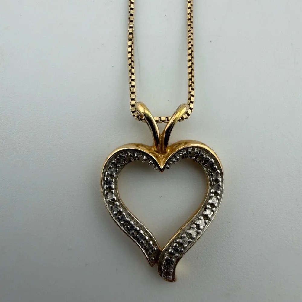 Vintage Open Heart Pendant Necklace Gold Tone Marked 925 Sterling Silver